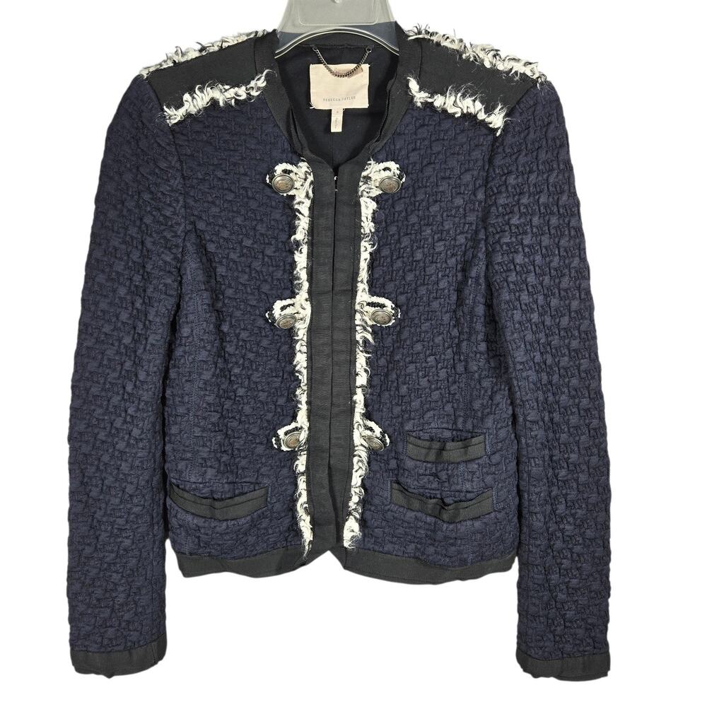 Rebecca Taylor Tweed Military Jacket Womens 6 Blue Fringe Trim Designer Blazer